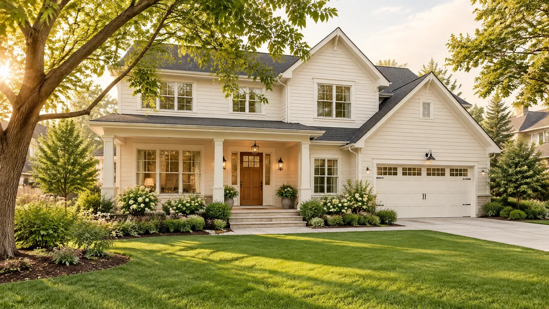Welcoming home surrounded by mature trees and a green lawn