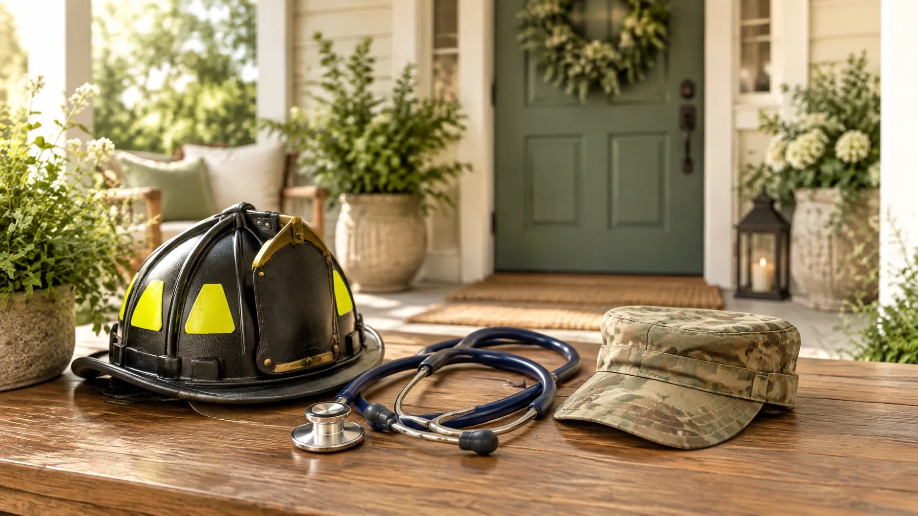 Service items on the porch of a welcoming home, representing community heroes