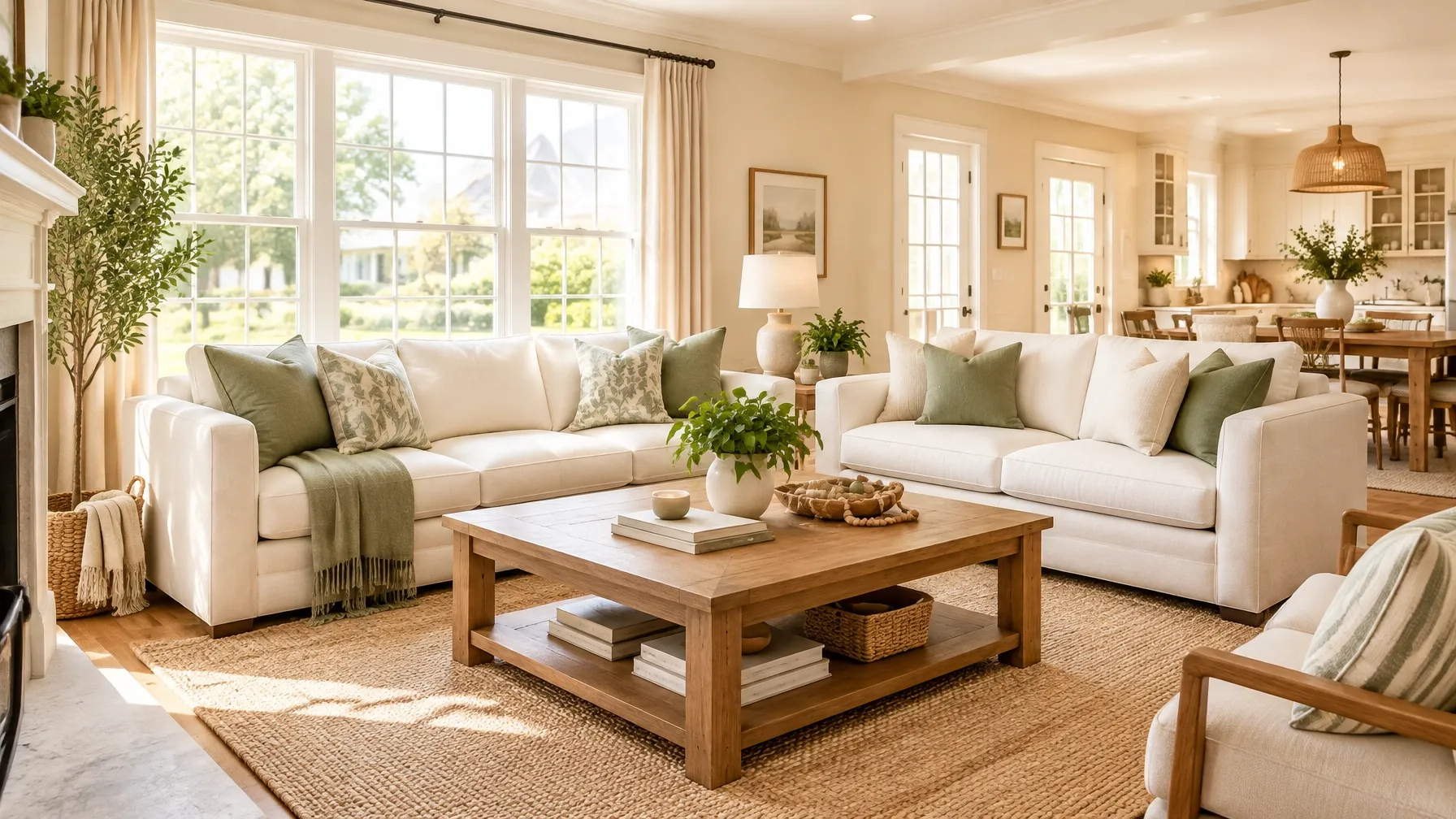 Bright, inviting living room with warm neutral furnishings